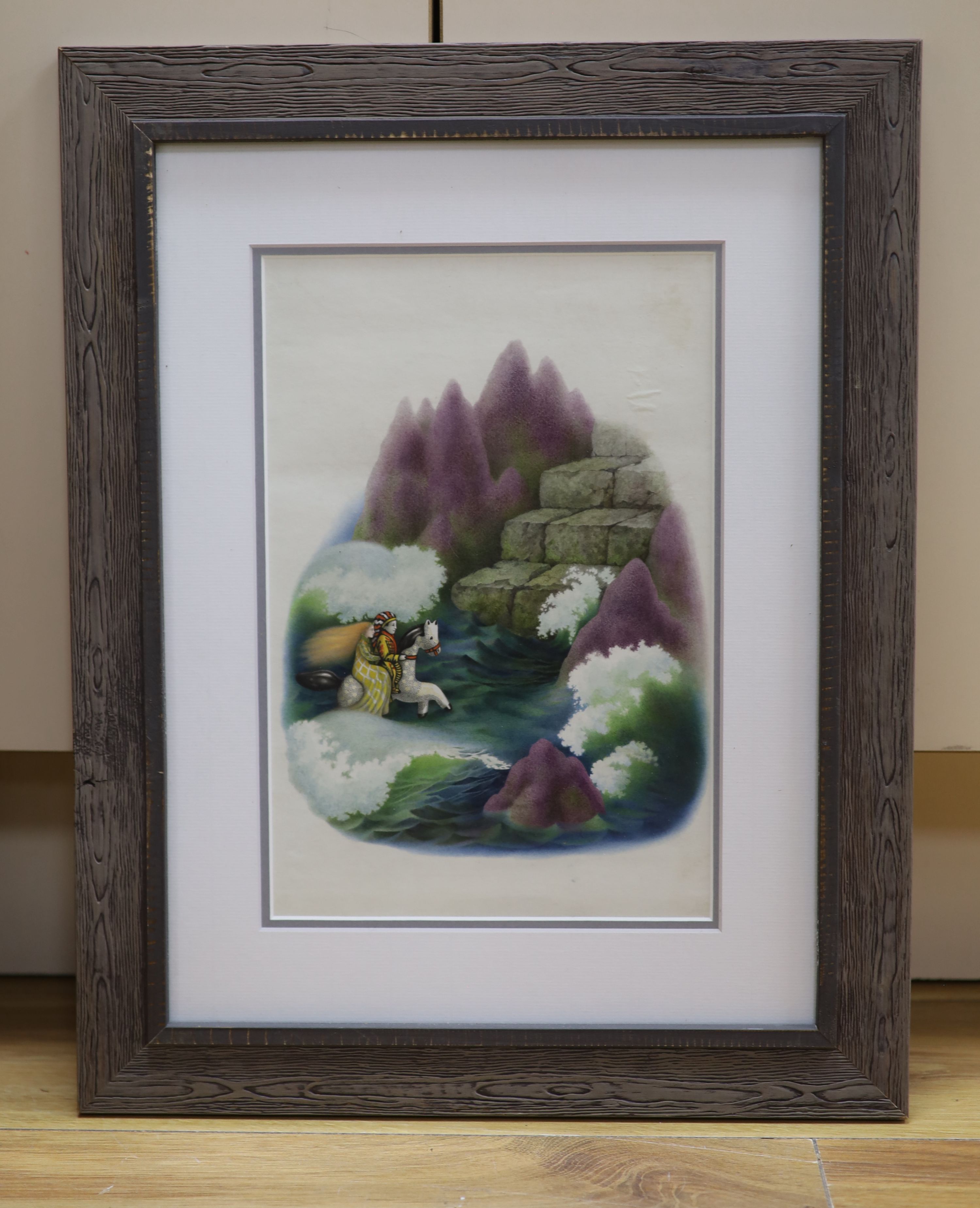 Attributed to David Pelham, watercolour on paper, Figures on horseback in a fantasy landscape, 29 x 19cm